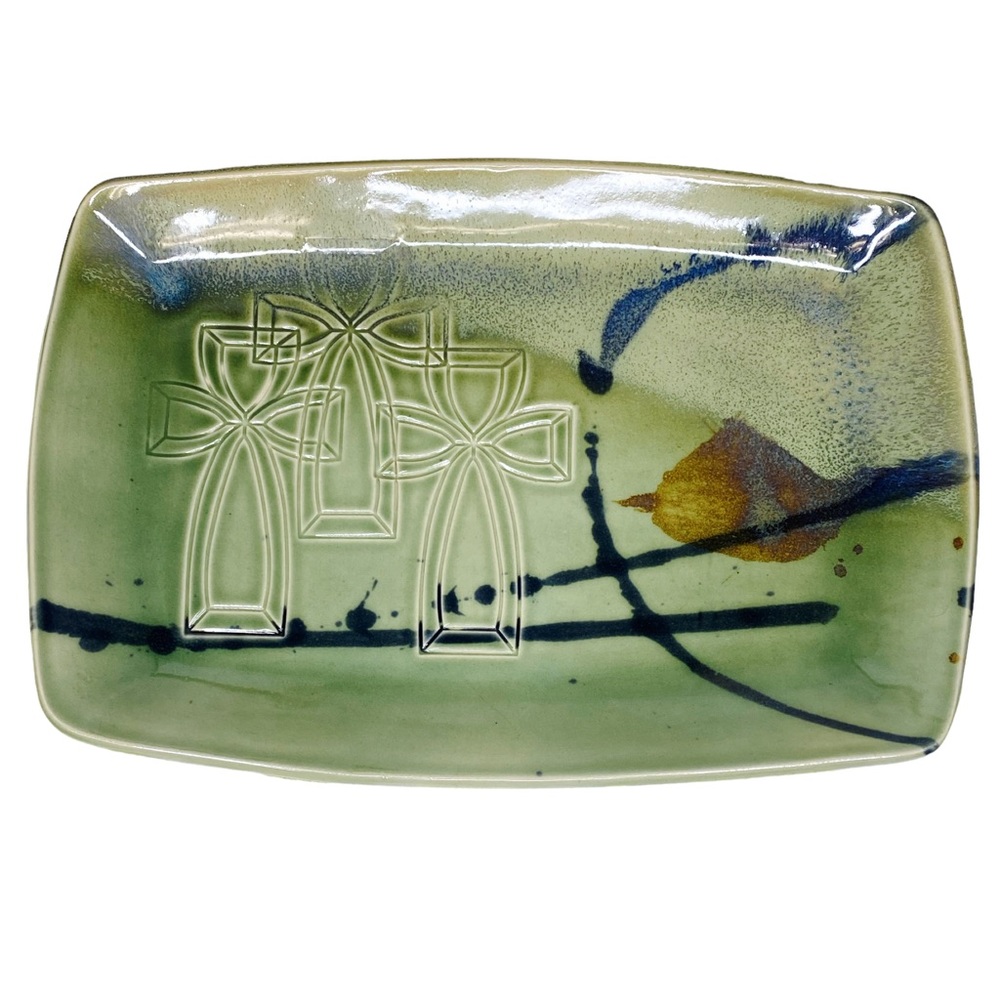 Studio Art Pottery Green Stamped Crosses Serving Tray Entry Table Tray Glazed